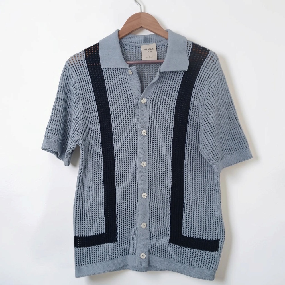 Massive Luxury Mens Small Blue Crochet Knit Polo Shirt Short Sleeve Button Down